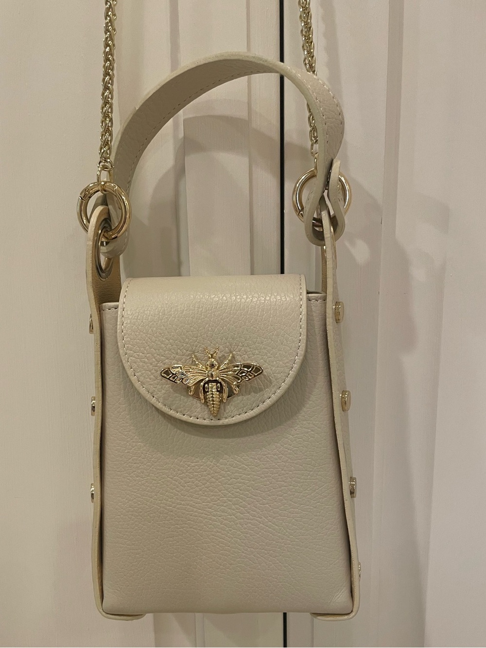 Cream Italian Leather Bag with Gold Bee Accent - Picture 6 of 9